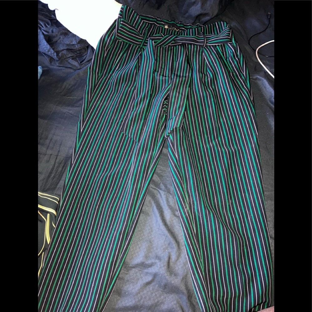 Green and Black Pinstripe paper bag slacks